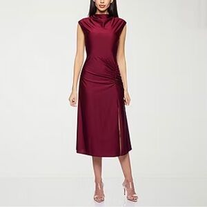 Premier Burgundy Gathered Midi Dress